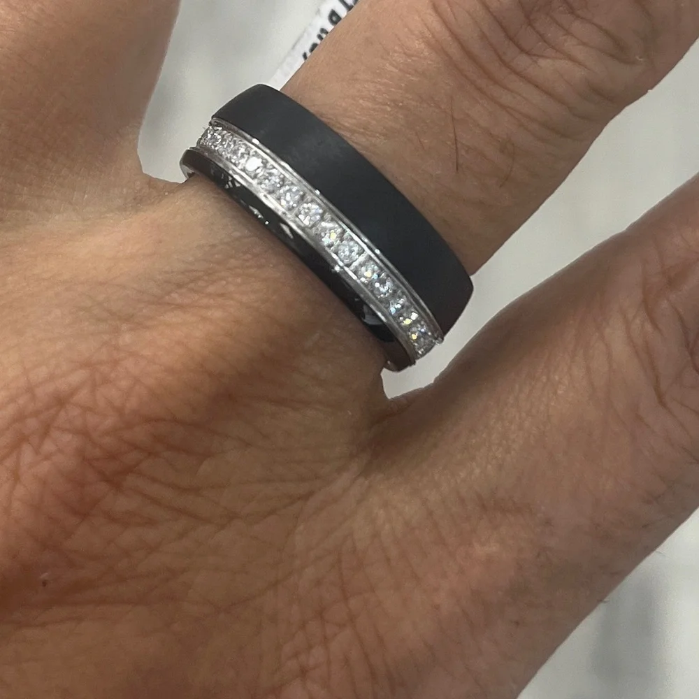 New 8mm dome clear CZ black IP plated Eternity Tungsten Wedding Band Ring